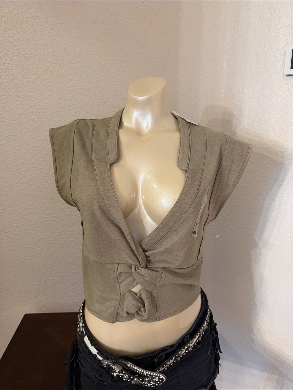 Gilded Intent Olive Tie-Front Knot Crop Top